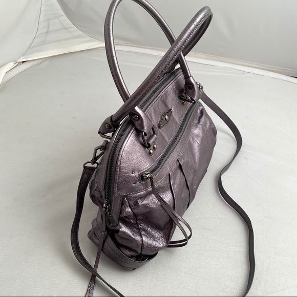 Elliot Lucca smooth metallic gunmetal gray satchel handbag - Picture 2 of 8